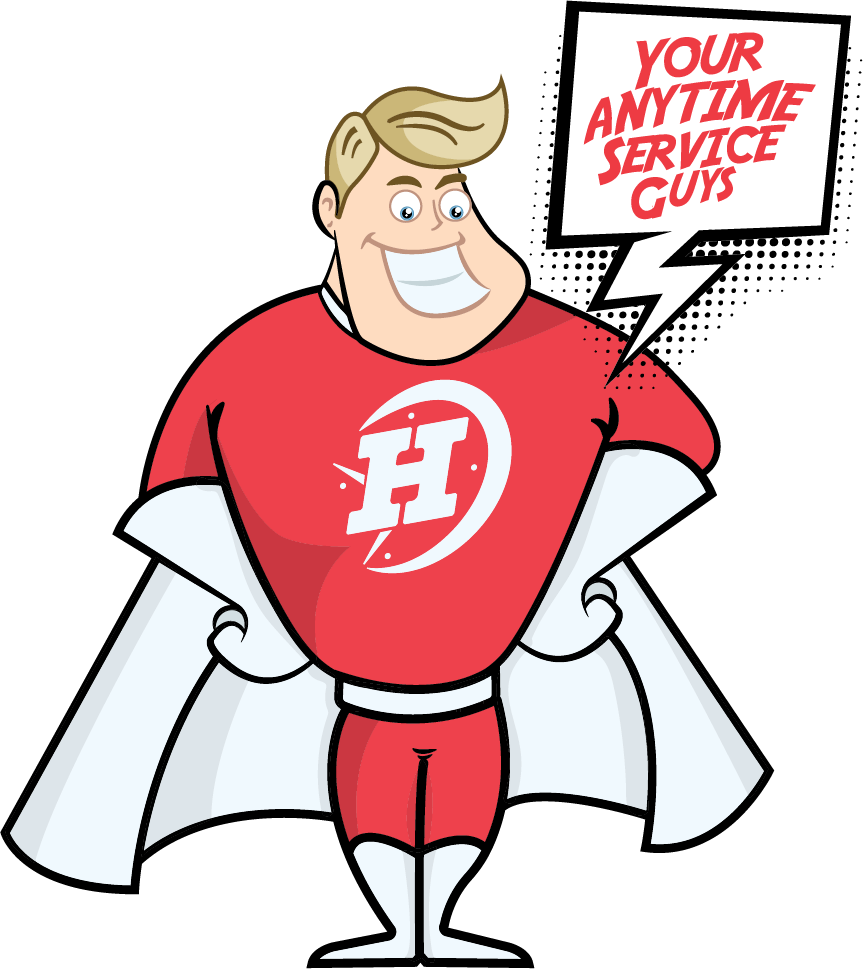 illustration of a hatfield heating and air super-hero with a quote bubble saying your anytime service guys