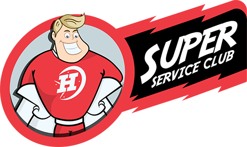 illustration of a hatfield heating and air super hero character and the super service club logo